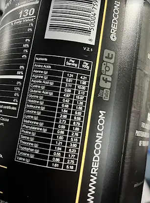 Picture of Redcon1 Whey Protein isolate amino acid profile.