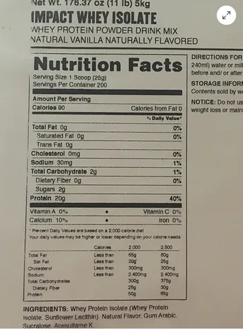 MyProtein Impact Whey Isolate nutrition facts.