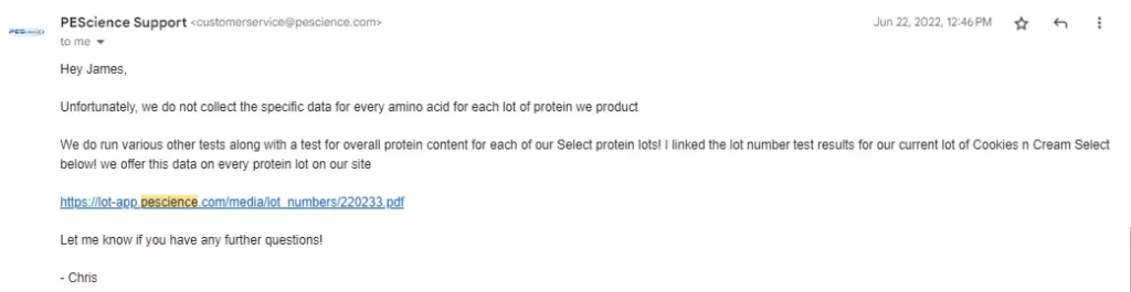 When a PEScience shares they don't test amino acid profiles with each batch. Nor do they have that information available... SPIKED
