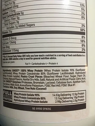 Picture of ingredients list found in Ghost whey protein