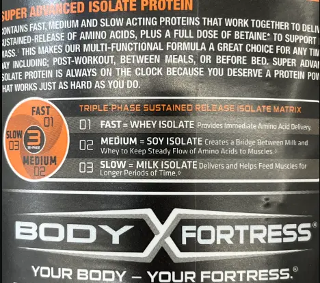 Picture of Body Fortress tri-phase protein release matrix. Soy is the major protein source.